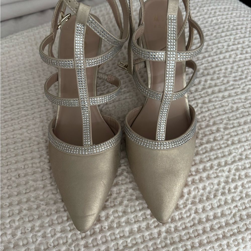 Mix No. 6 Champagne Pointed-Toe Strappy Heels with Rhinestones